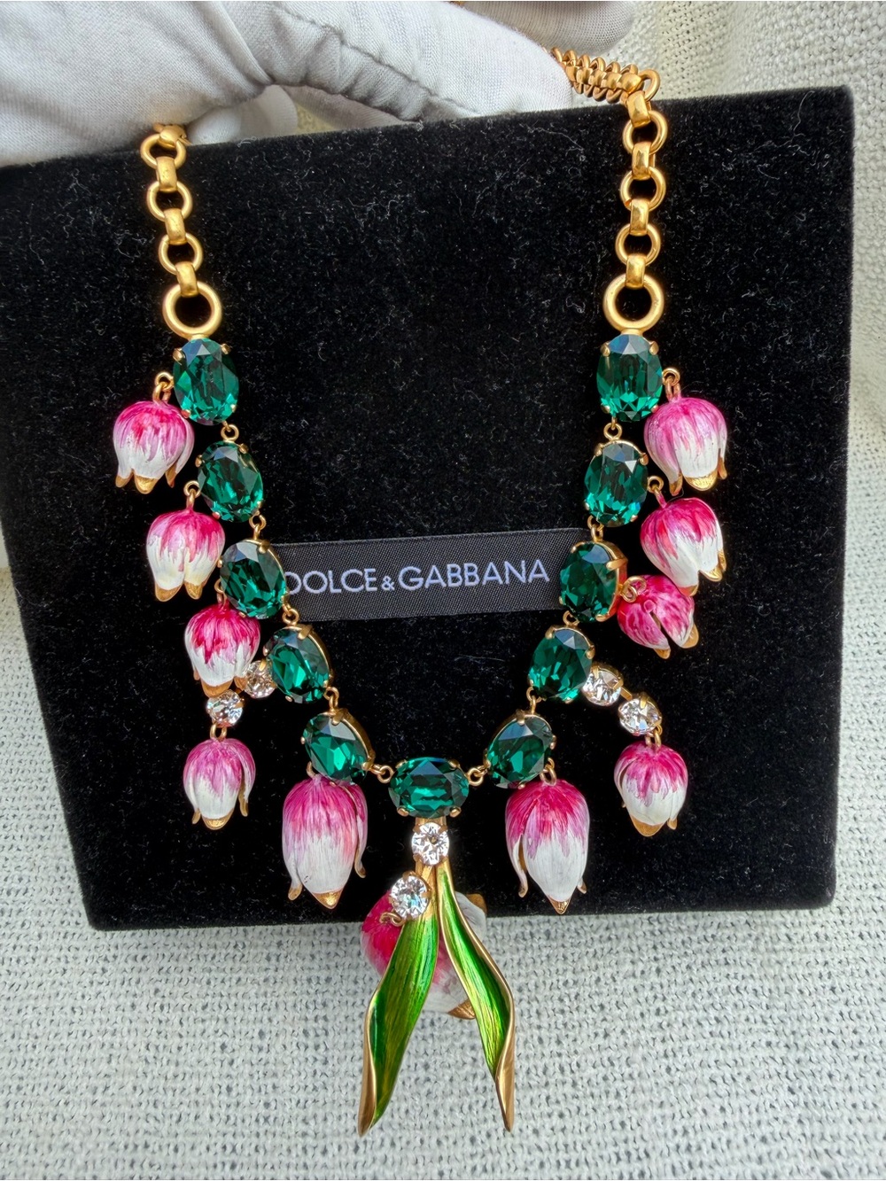 RARE!!! Dolce & Gabbana Tulip Gold-Tone Pink & Green Floral Statement Necklace